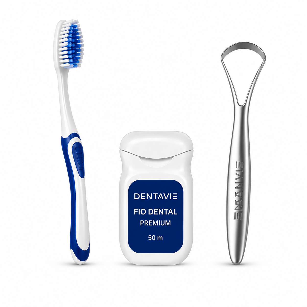 Kit Sorriso Completo DentaVie: escova, fio dental e raspador de língua